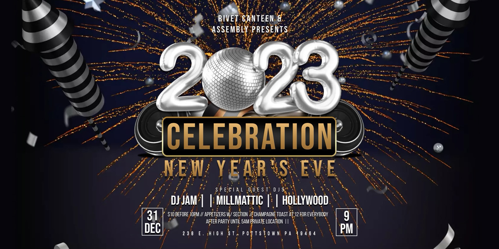 Join us at Rivet as we ring in the new year with an unforgettable party! Special guest DJs: DJ Jam, Millmattic, and Hollywood! 2023 New Year's Eve Celebration at Rivet: Canteen & Assembly on Saturday, December 31st.