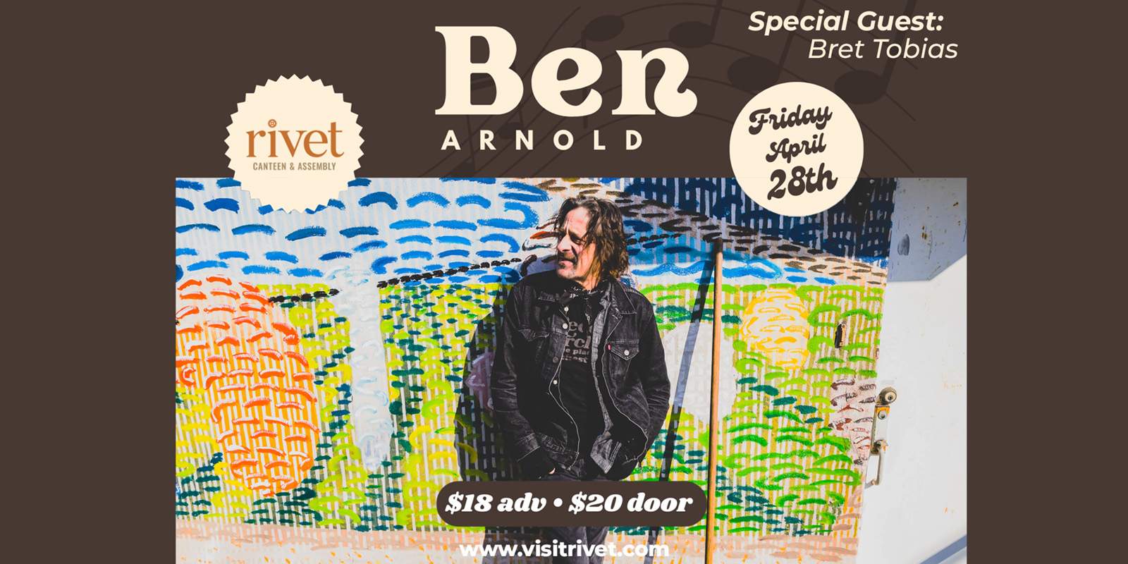 Ben Arnold and special guest Bret Tobias live at Rivet: Canteen & Assembly in Pottstown, PA, on Friday, April 28th, 2023. Get your tickets now!