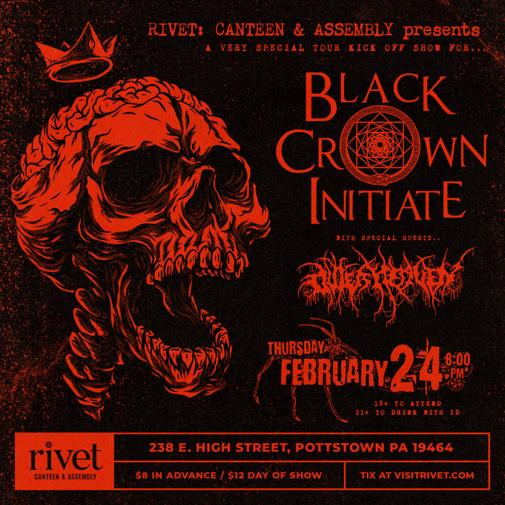 Event flyer for Black Crown Initiate and Outer Heaven performing live at Rivet: Canteen & Assembly on Thursday, February 24th, 2022.