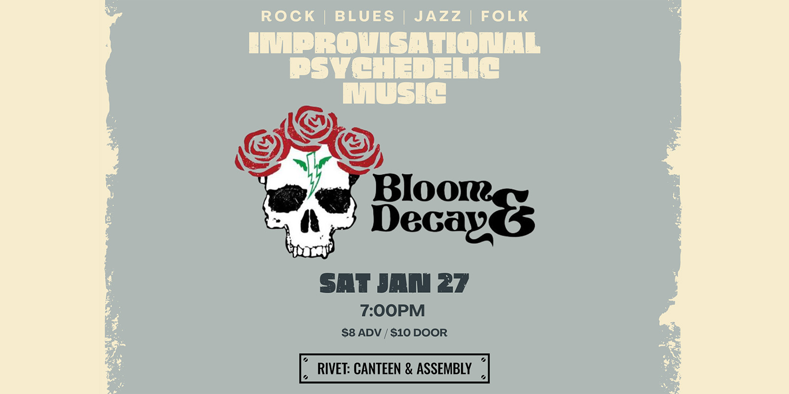 Bloom & Decay returns to Rivet: Canteen & Assembly on Saturday, January 27, 2024. Their improvisational live performances perfectly blend rock, blues, jazz, and folk music with their iconic psychedelic sound. All ages are welcome!