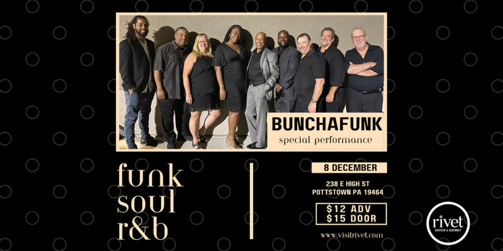 Bunchafunk returns to Rivet for a special live performance on Friday, December 8th 2023. Join us! Tickets are $12 in advance and $15 at the door.