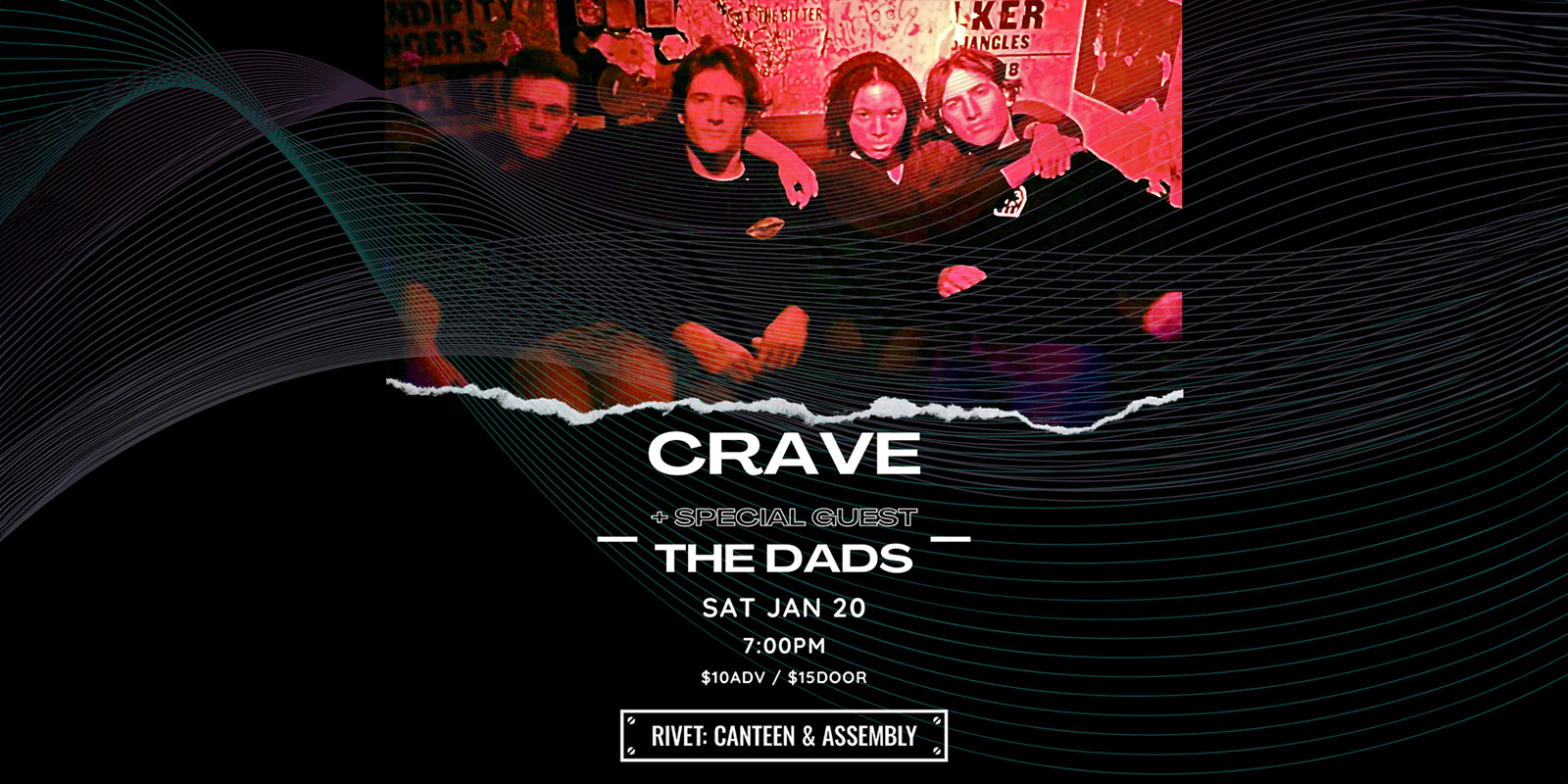 Crave performing live at Rivet: Canteen & Assembly on Saturday, January 20th, 2024. Special guest performance by The Dads! All ages are welcome. Tickets on sale now!