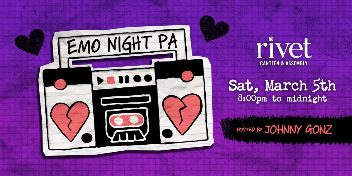 Emo Night PA at Rivet: Canteen & Assembly with host Johnny Gonz in Pottstown, Pennsylvania on Saturday, March 5th, 2022.