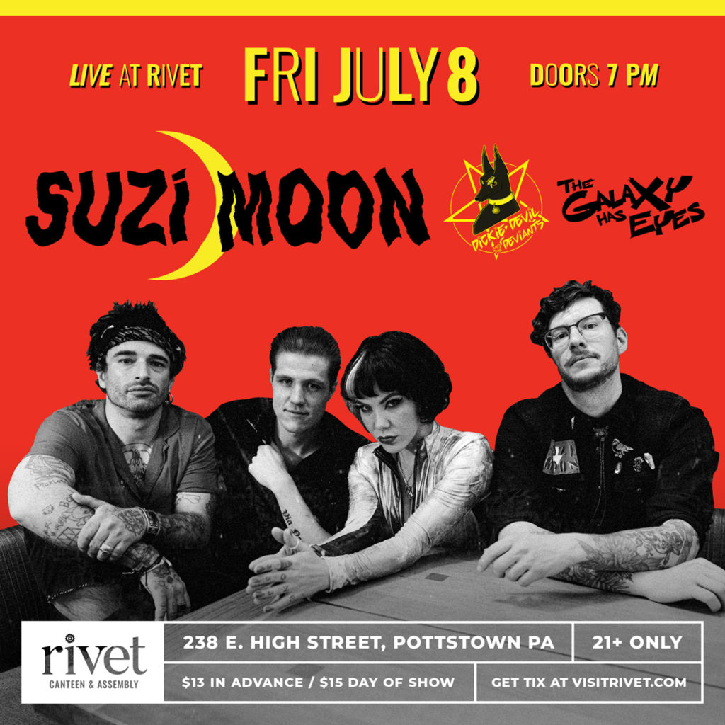 Event flyer for SUZI MOON + Dickie Devil & the Deviants + The Galaxy Has Eyes - Live at Rivet: Canteen & Assembly!