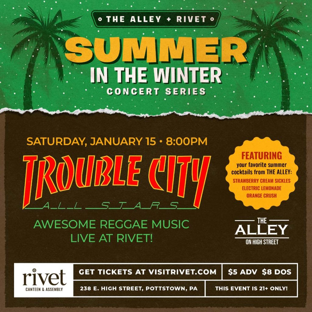 Warm up this Winter! The Alley and Rivet Summer in the Winter Concert Series on Saturday, January 15th, 2022. Tickets are $5 in advance or $8 on the day of show.