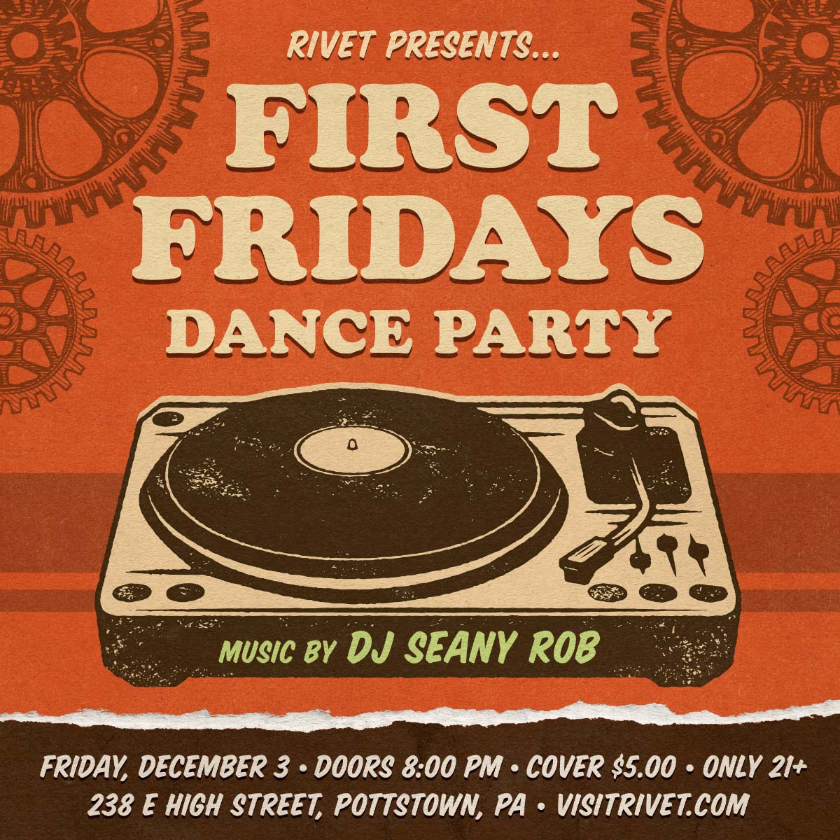 First Fridays Dance Party with DJ Seany Rob at Rivet on December 3, 2021! Try some of our great selection of local brews and vodka mixed drinks.