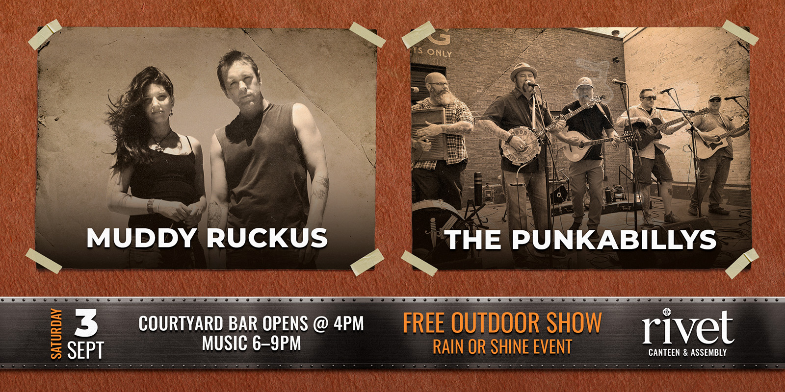 Free outdoor show at Rivet: Canteen & Assembly with Muddy Ruckus and The Punkabillys on Saturday, September 3rd, 2022. Rain or shine event!