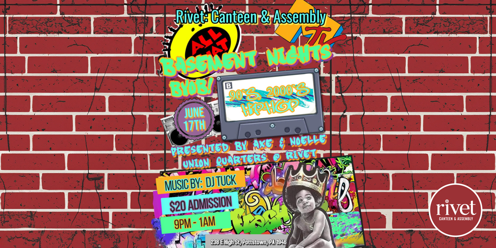 Basement Nights @ Rivet: Canteen & Assembly in the Union Quarters on Saturday, June 17th, 2023. Be there!