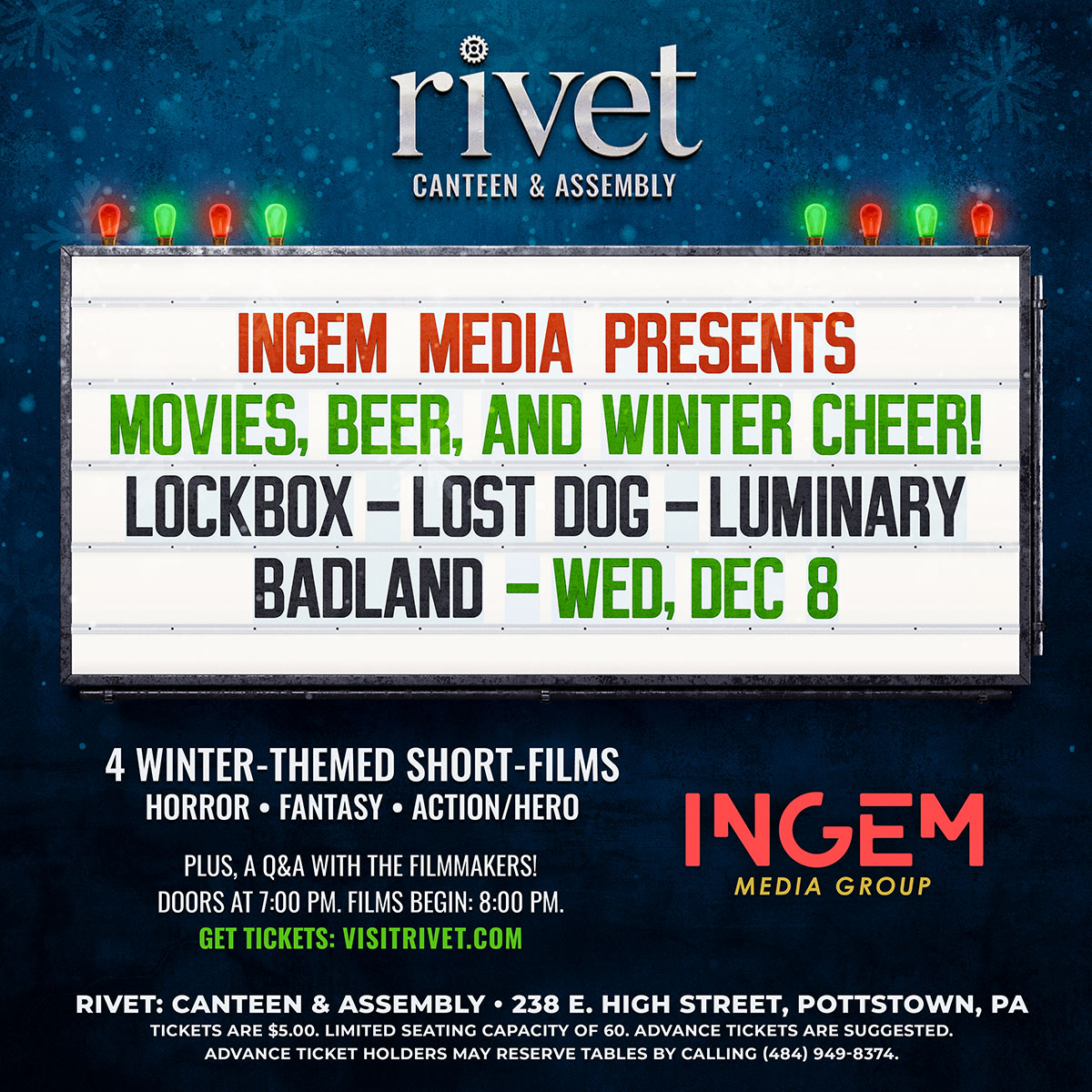 Our Wednesday night film screenings series is back! Ingem Media Presents... Movies, Beer, and Winter Cheer! Doors open at 7:00 PM. The films begin at 8:00 PM. The event will be completely over by 10:00 PM.