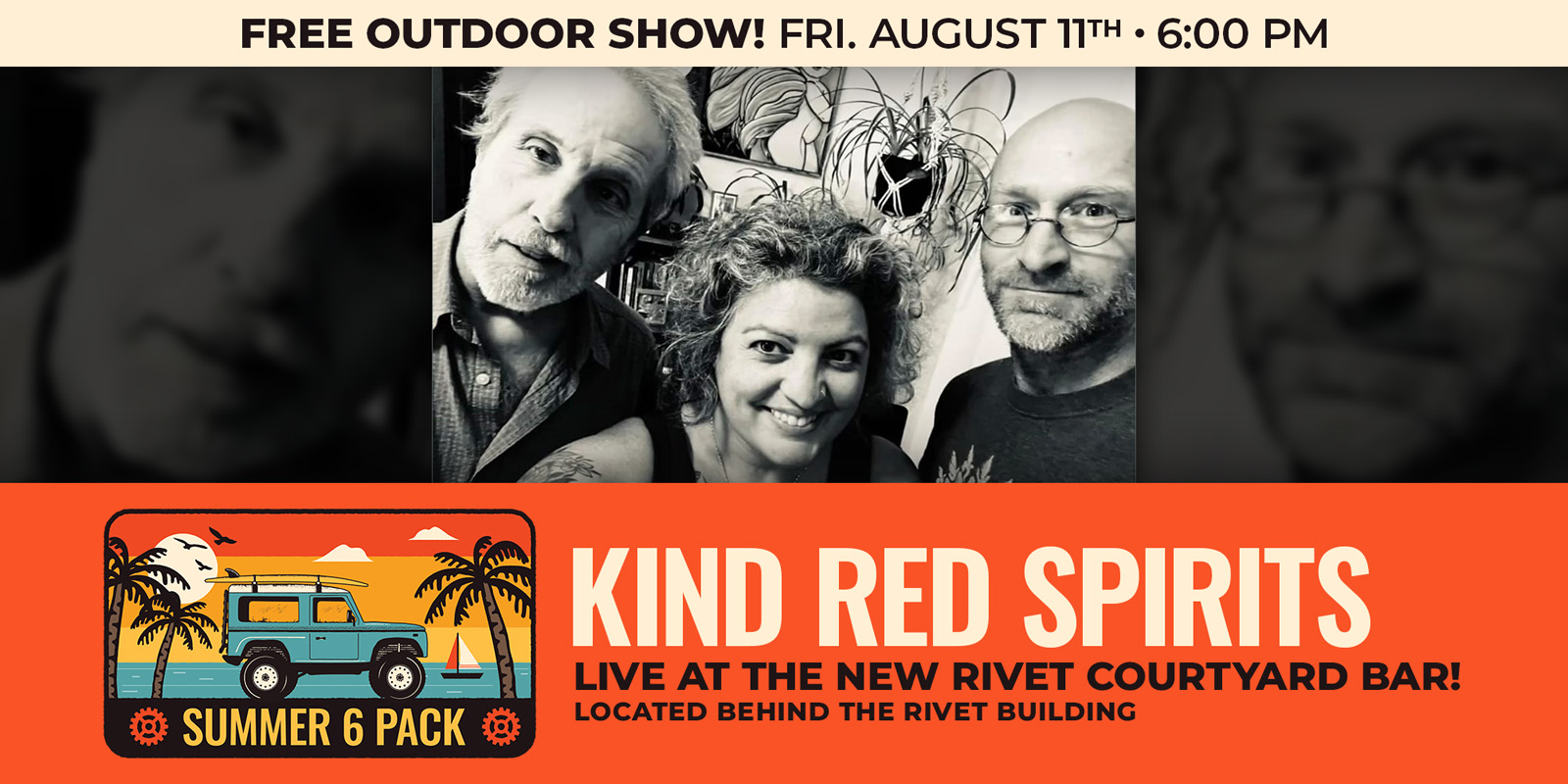 The Rivet Free Outdoor Series continues with Kind Red Spirits live on the Courtyard Bar Stage! Featuring: Michele Kienle, Cameron Downie, Andy Mann, and Dave Schaeffer! Event Date: Friday, August 11th, 2023.