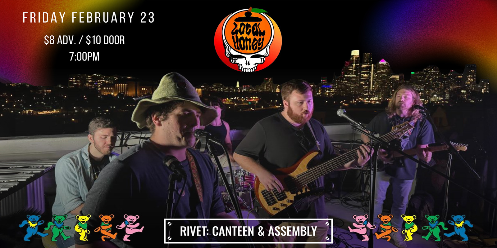 Join us at Rivet for Local Honey's live jam rock concert, featuring original tunes and classic hits from Grateful Dead, Pink Floyd & more! Friday, February 23rd. Doors at 7:00PM. All ages are welcome!