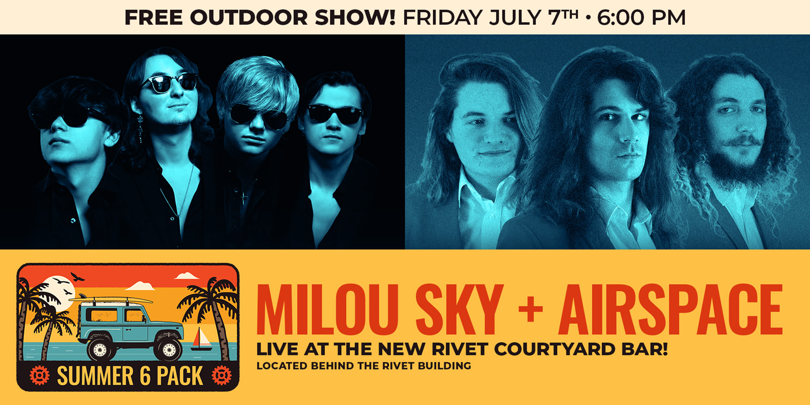 The Summer 6 Pack Free Outdoor Series continues at Rivet: Canteen & Assembly with Milou Sky and Airspace on Friday, July 7th, 2023. Be there!