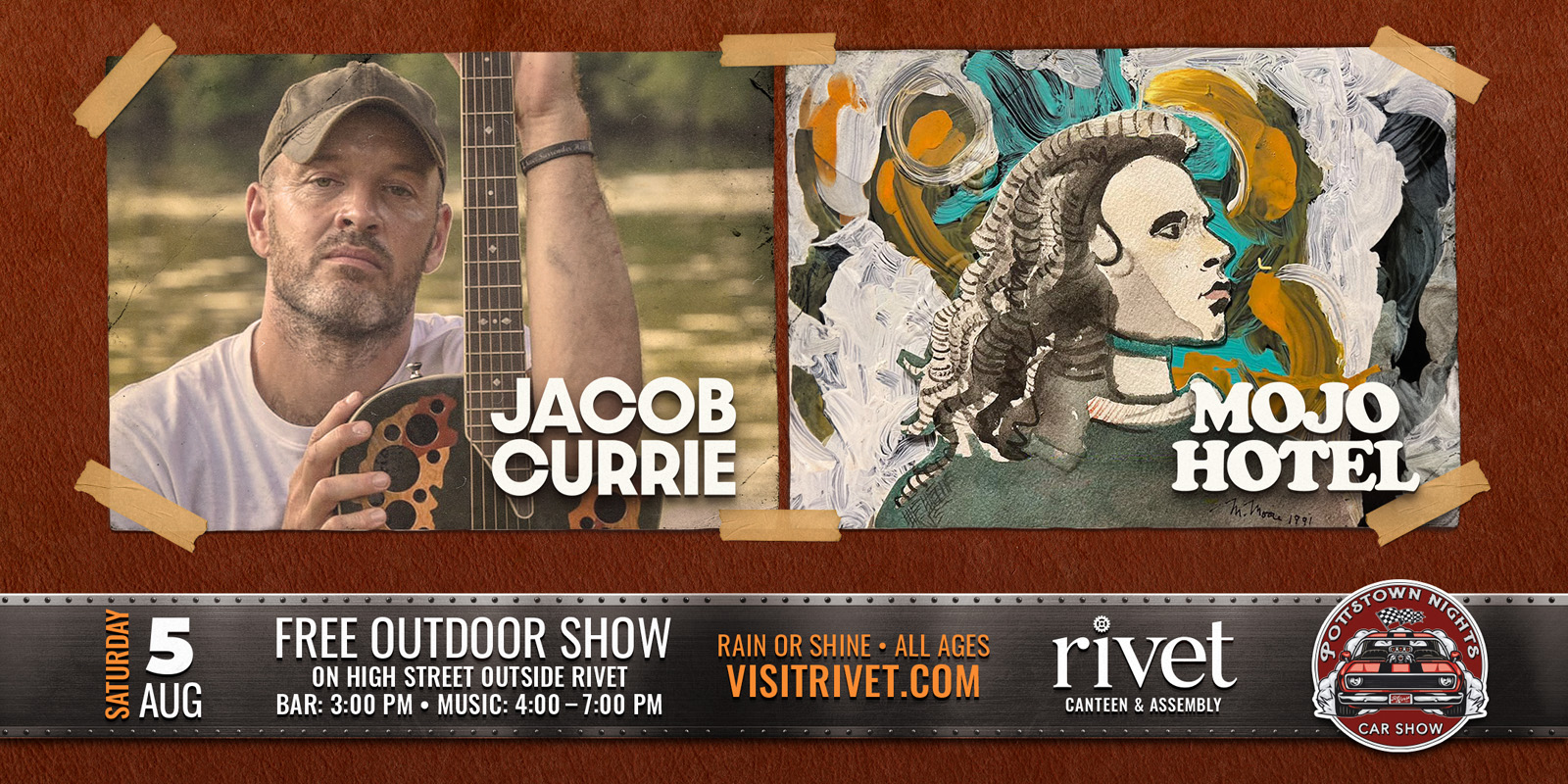 Mojo Hotel and Jacob Currie performing live at Rivet at the FREE outdoor Pottstown Nights Car Show on Saturday, August 5th, 2023. The bar opens at 3PM and music starts at 4PM until 7PM. Be there!