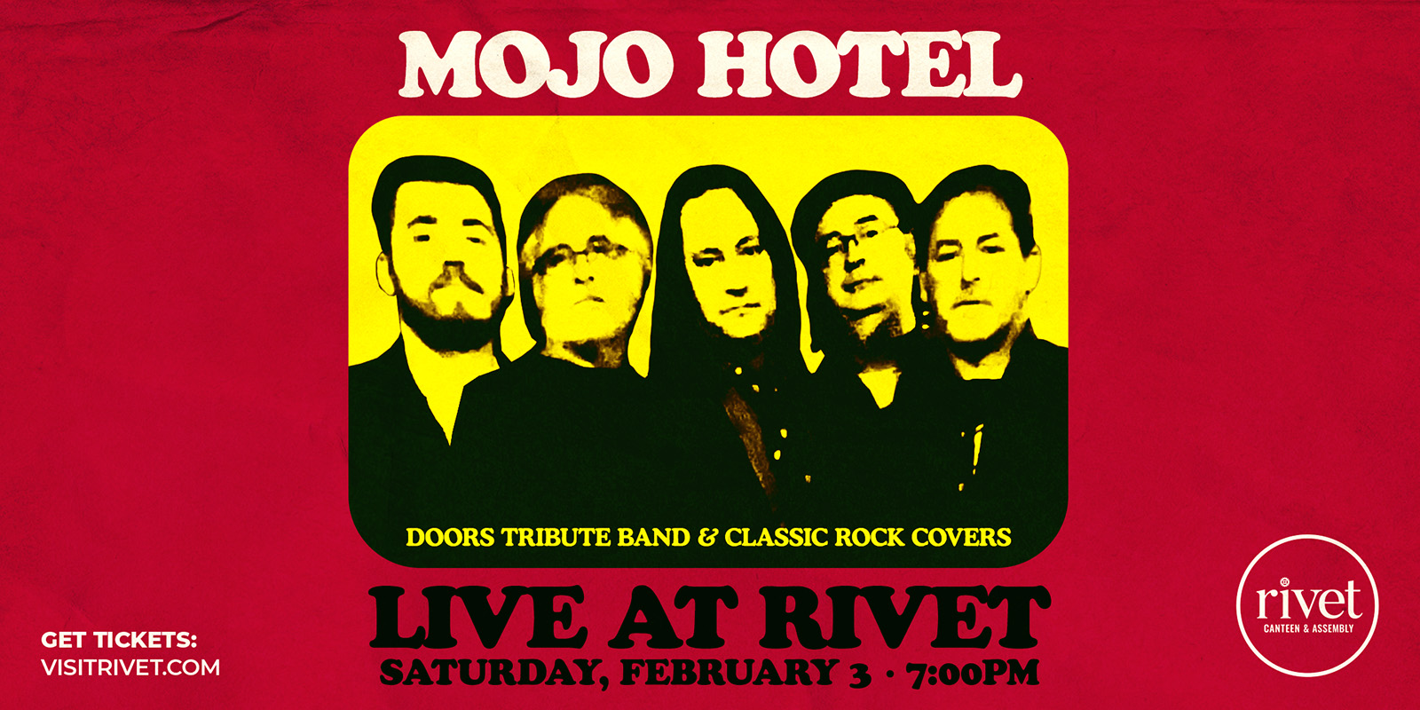 Mojo Hotel returns to Rivet: Canteen & Assembly on Saturday, February 3rd, 2024. Doors at 7:00PM. Be there!