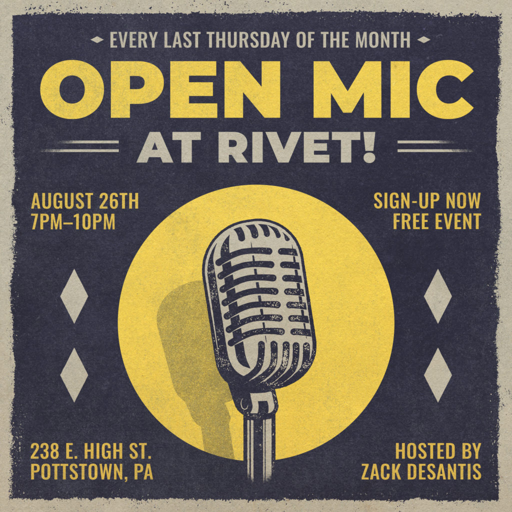 Open Mic at Rivet flyer for artists to share on social media