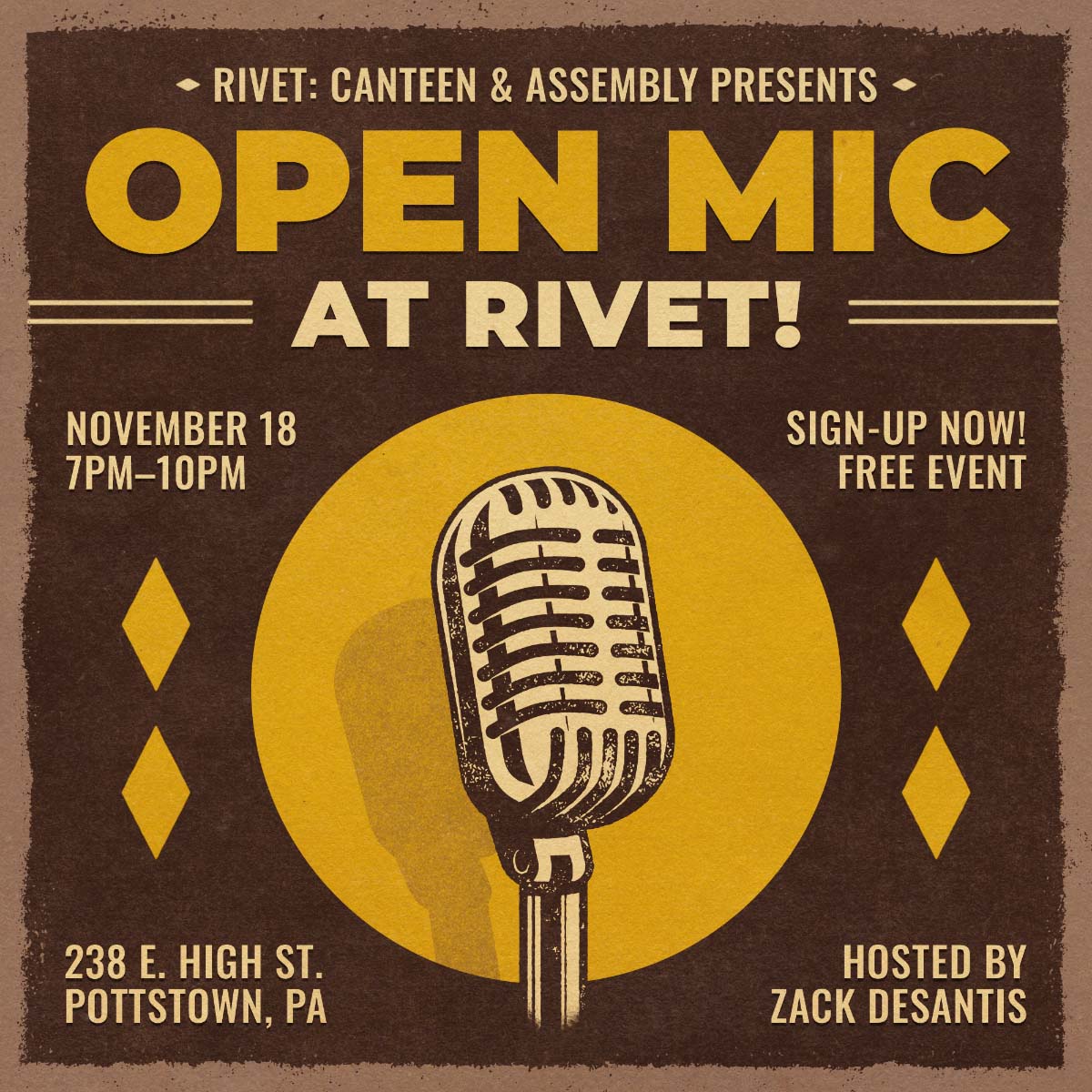 Open Mic night at Rivet: Canteen & Assembly on Thursday, November 18th, 2021 in Pottstown, Pennsylvania
