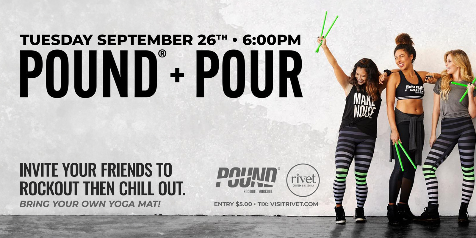 Pound and Pour class at Rivet: Canteen & Assembly on Tuesday, September 26th, with Penny from Crunch Fitness! Get ready to energize your body and mingle with like-minded fitness enthusiasts!