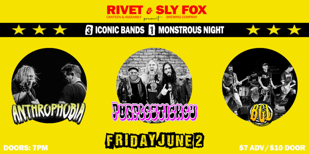 Purplestickey + Anthrophobia + Big Green Limousine performing live at Rivet: Canteen & Assembly on Friday, June 2nd, 2023!