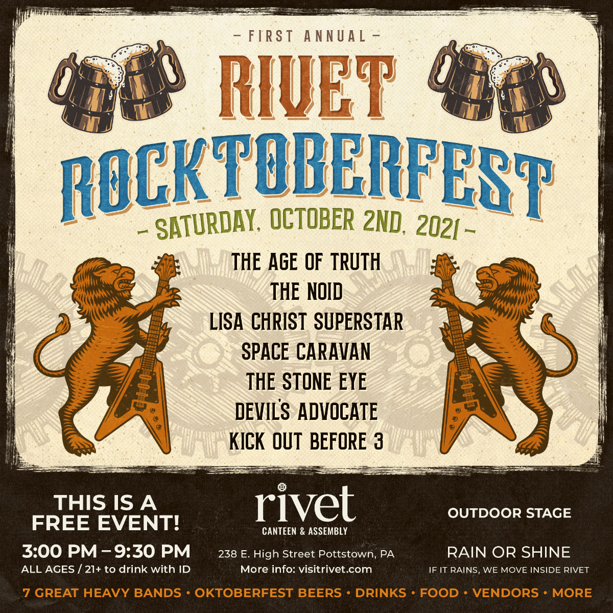 First annual Rivet Rocktoberfest with 7 great heavy rock bands, Oktoberfest beers, drinks, food, and more. This is a free event from 3:00 PM to 9:30 PM on Saturday, October 2nd, 2021.