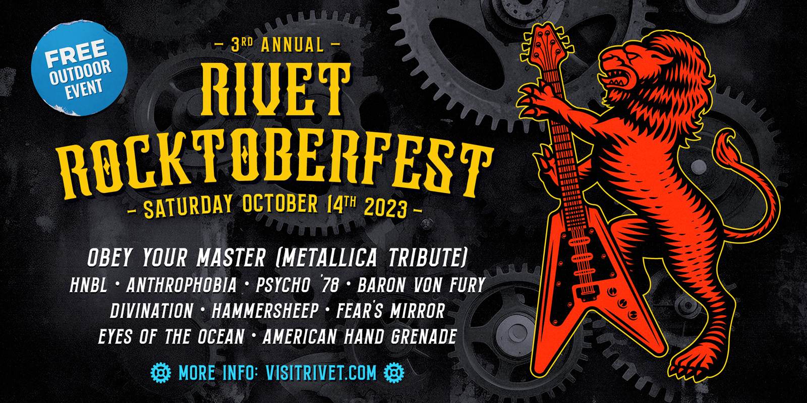 Rivet Rocktoberfest 3 at Rivet: Canteen & Assembly on Saturday, October 14th, 2023. The Outdoor Stage season finale with Obey Your Master (Metallica Tribute), HNBL, Anthrophobia, Psycho '78, Baron Von Fury, Divination, Hammersheep, Fear's Mirror, Eyes of the Ocean, and American Hand Grenade.