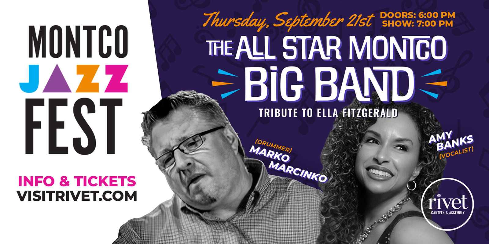 The All Star Montco Big Band with Amy Banks and Marko Marcinko at Rivet: Canteen & Assembly on Thursday, September 21st, 2023. Doors at 6:00 PM. Show: 7:00 PM. Be there!