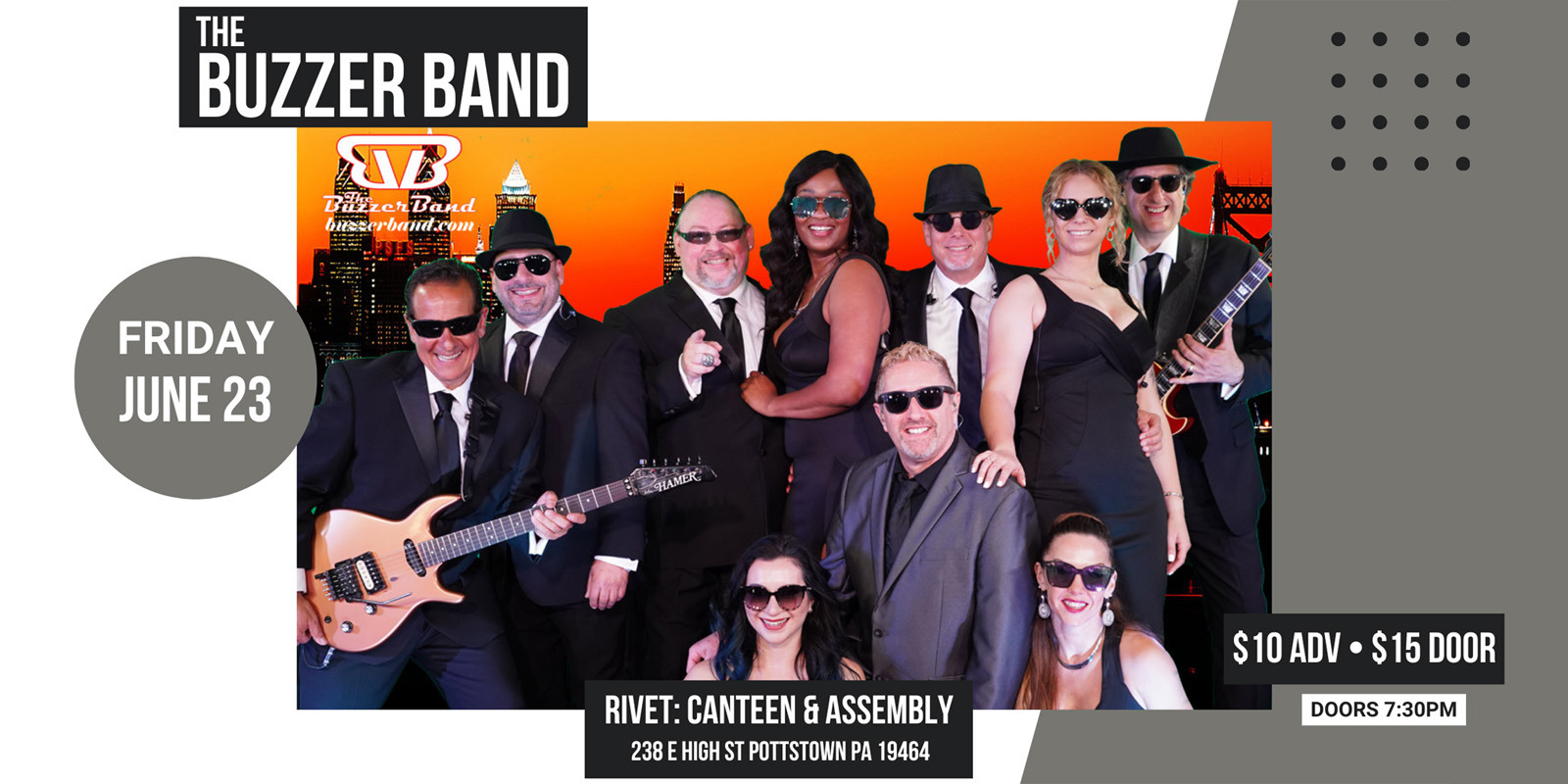The Buzzer Band performing live at Rivet: Canteen & Assembly on Friday, June 23rd, 2023. Join us!