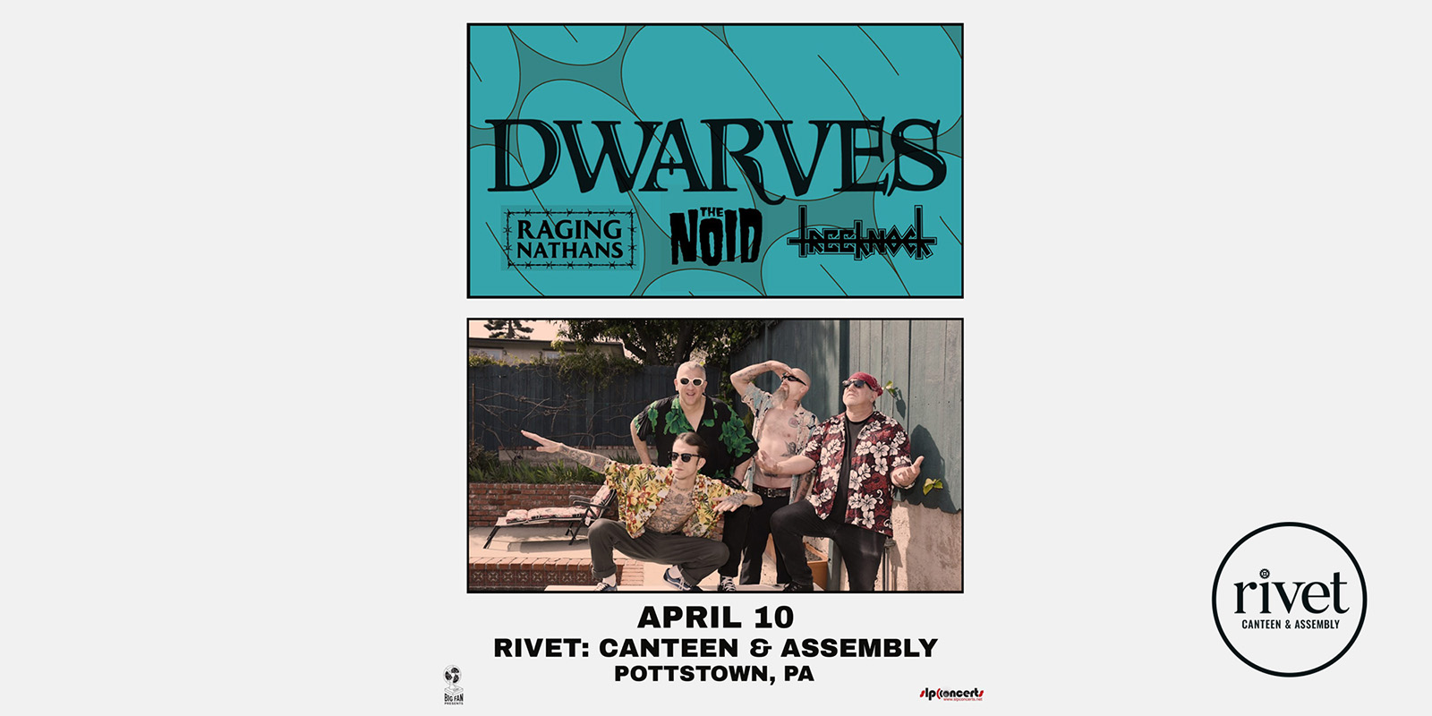 The Dwarves performing live at Rivet: Canteen & Assembly on Wednesday, April 10th, 2024 with Raging Nathans, The Noid, and Treeknock. Doors: 7:00 PM. All ages are welcome. Get your tickets now and be a part of the madness: This one's gonna be wild!