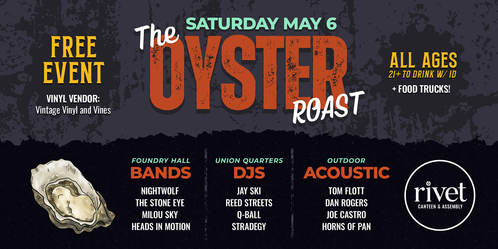 Kick off the 2023 Pottstown Nights Car Show Series on High Street with a special FREE Rivet event - our first annual Oyster Roast! Enjoy food, music, and drinks on two levels, including our outdoor terrace at Rivet. Doors open at 6:00 PM upstairs (main room), and Union Quarters opens at 7:00 PM.