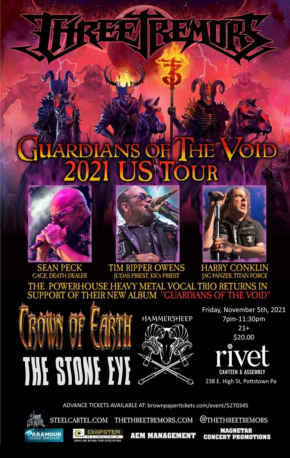 The Three Tremors: Guardians of The Voice 2021 US Tour Flyer. The band will be performing Live at Rivet: Canteen & Assembly in Pottstown, Pennsylvania on Friday, November 5th, starting at 7:30PM with bands Crown of Earth, Hammersheep, and The Stone Eye.