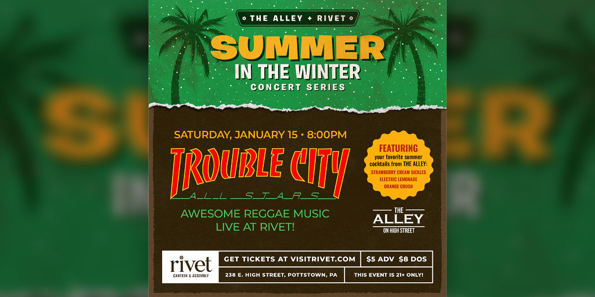 Trouble City All-Stars will be performing live at Rivet: Canteen & Assembly on Saturday, January 15th, 2022, starting at 9:00 PM. Doors at 8:00 PM.