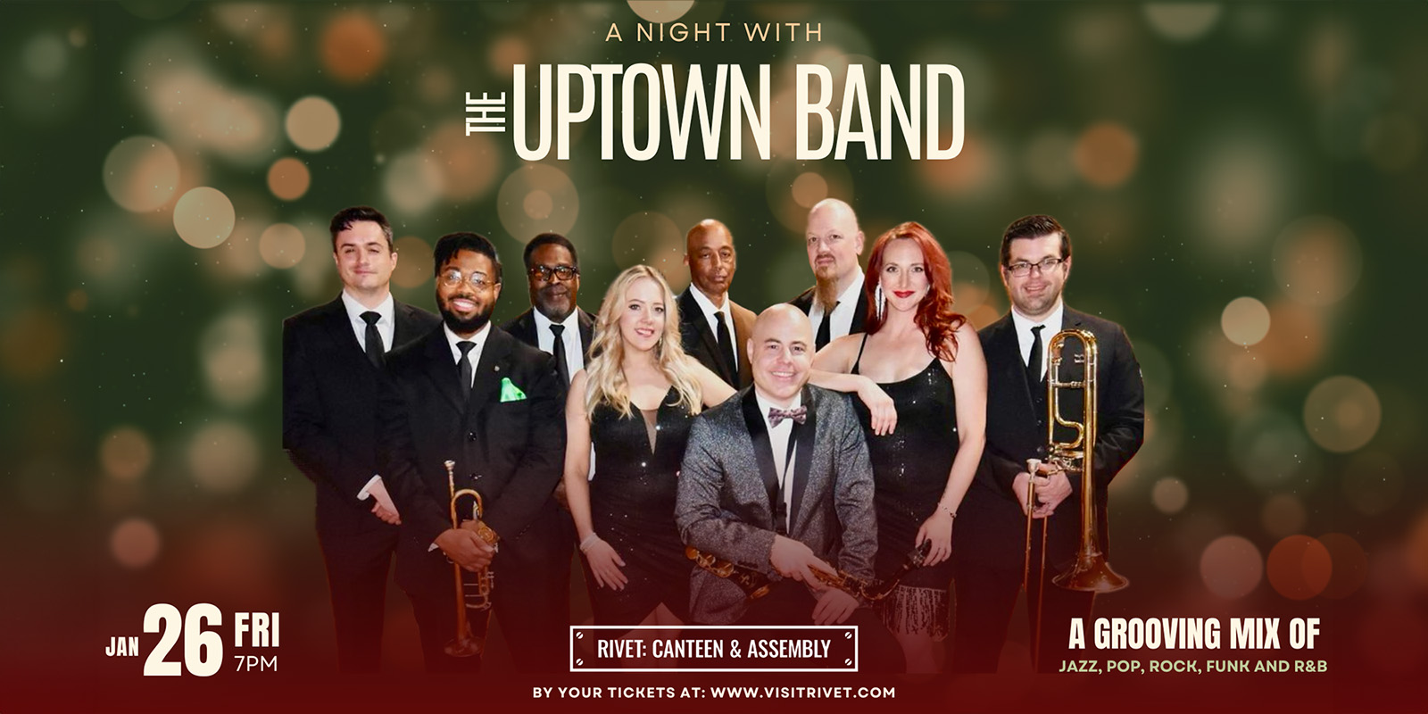 The Uptown Band returns to Rivet: Canteen & Assembly on Friday, January 26th, 2024. A grooving mix of jazz, pop, rock, funk, and R&B! All ages welcome. Doors at 7:00PM.