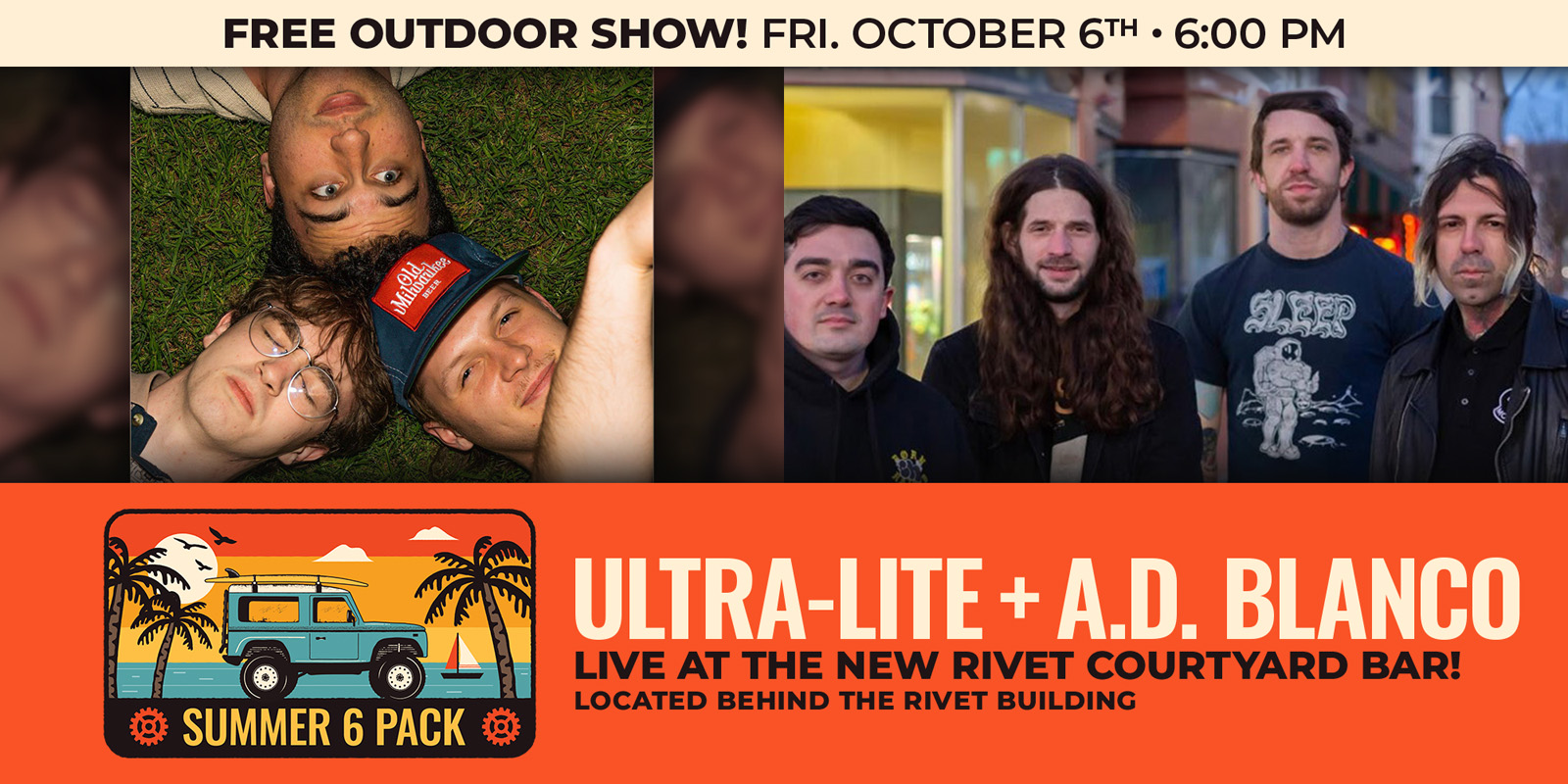 The Rivet Free Outdoor Series continues on Friday, October 6th, with Ultra-Lite (Philly) and A.D. Blanco (on tour from Athens, GA) live on the Courtyard Bar Stage! The bar opens at 6 PM. Music 7 - 10 PM.