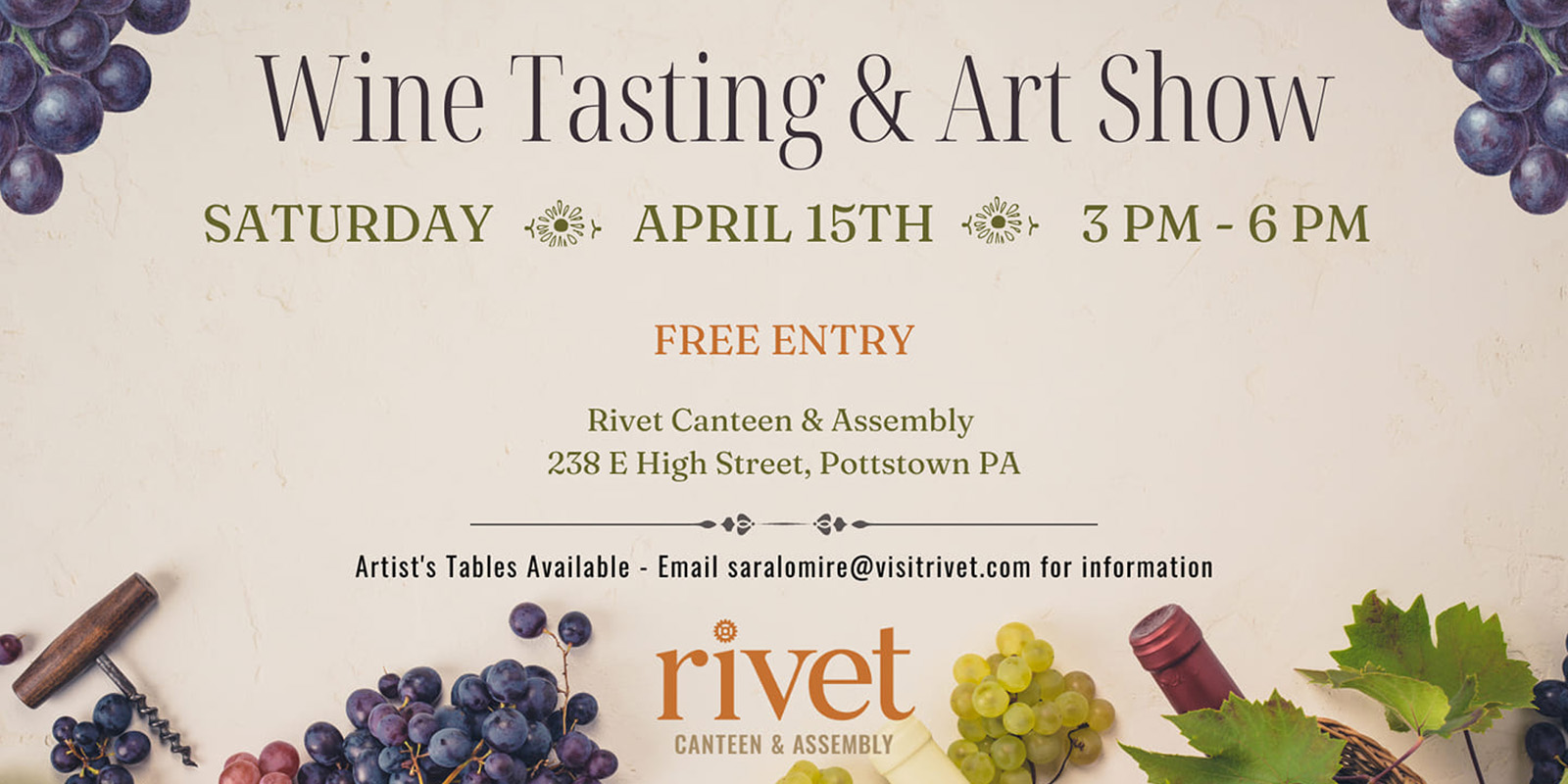 Join us at Rivet: Canteen & Assembly on Saturday, April 15th, for an evening of wine tasting and art show. Experience a variety of exquisite wines while appreciating artwork from talented local artists.